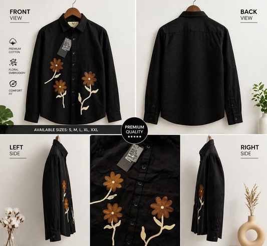Men's Rust Brown Floral Embroidery Cotton Shirt | Casual Premium Full Sleeve Shirt