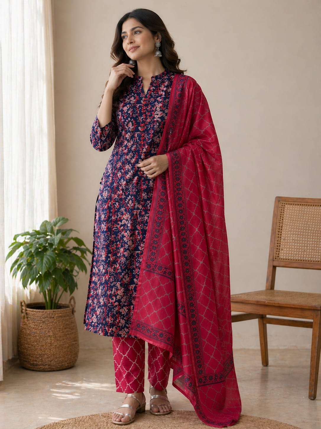 π Elegant Navy Blue Printed Kurta Set with Dupatta | Akshra Collection
