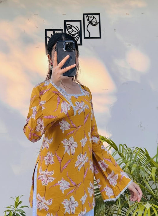 πΌ Mustard Floral Lace-Up Rayon Short Kurti | Stylish Printed Women's Kurti π