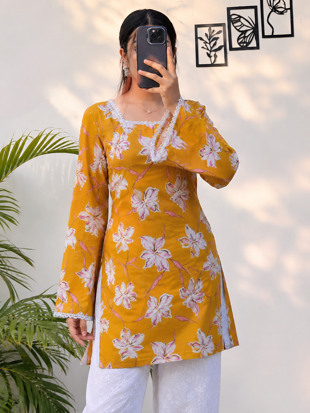 🌼 Mustard Floral Lace-Up Rayon Short Kurti | Stylish Printed Women's Kurti 💛