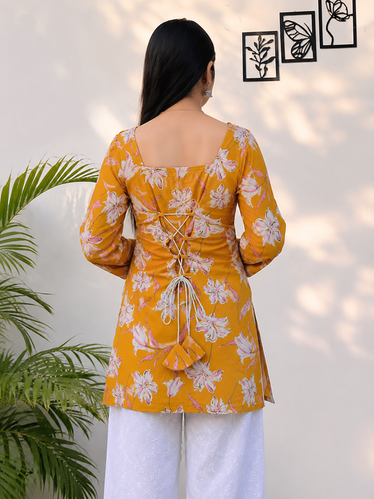 🌼 Mustard Floral Lace-Up Rayon Short Kurti | Stylish Printed Women's Kurti 💛