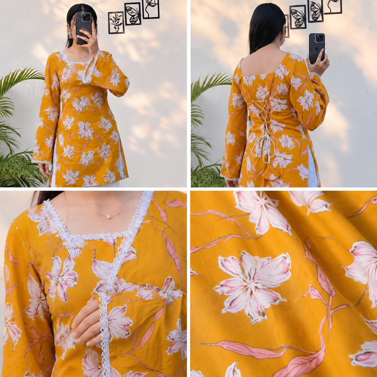 🌼 Mustard Floral Lace-Up Rayon Short Kurti | Stylish Printed Women's Kurti 💛