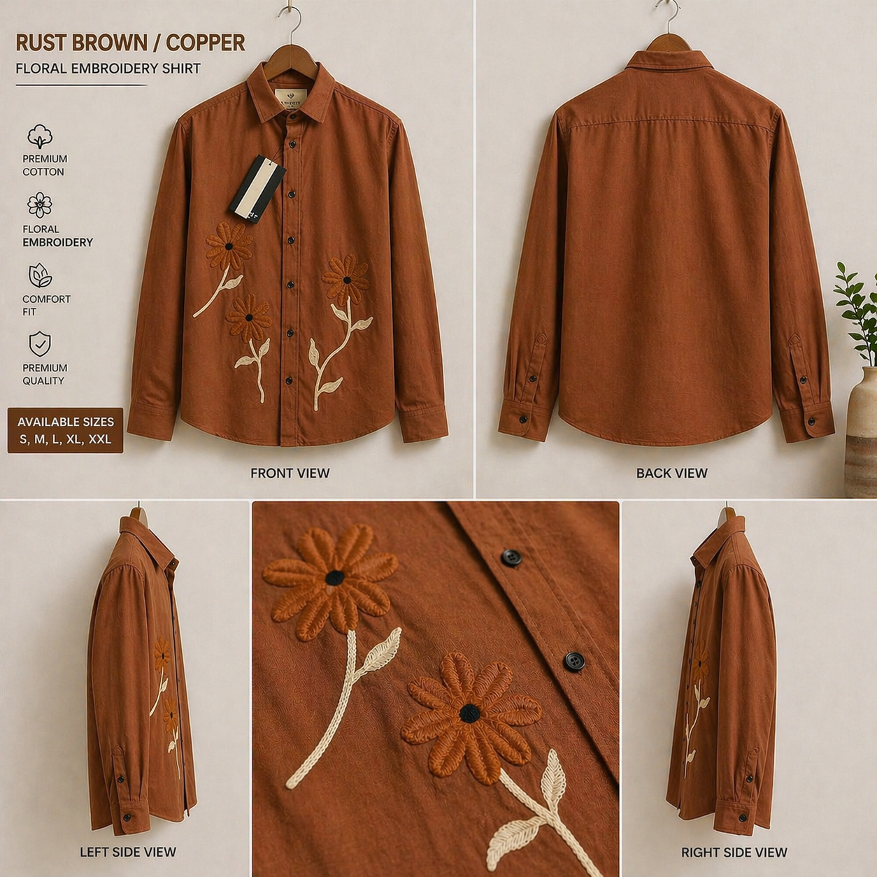 Men's Rust Brown Floral Embroidery Cotton Shirt | Casual Premium Full Sleeve Shirt