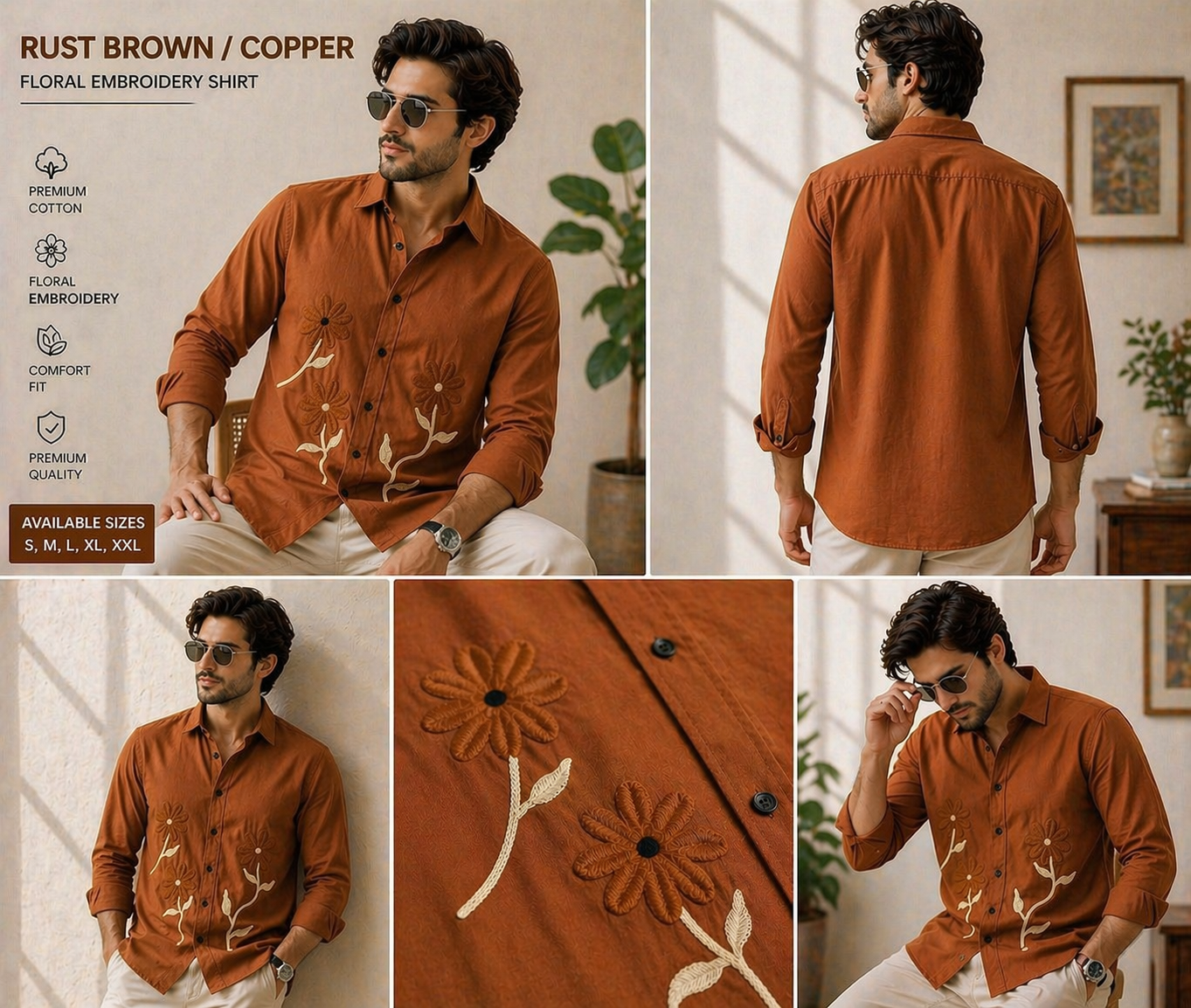 Men's Rust Brown Floral Embroidery Cotton Shirt | Casual Premium Full Sleeve Shirt