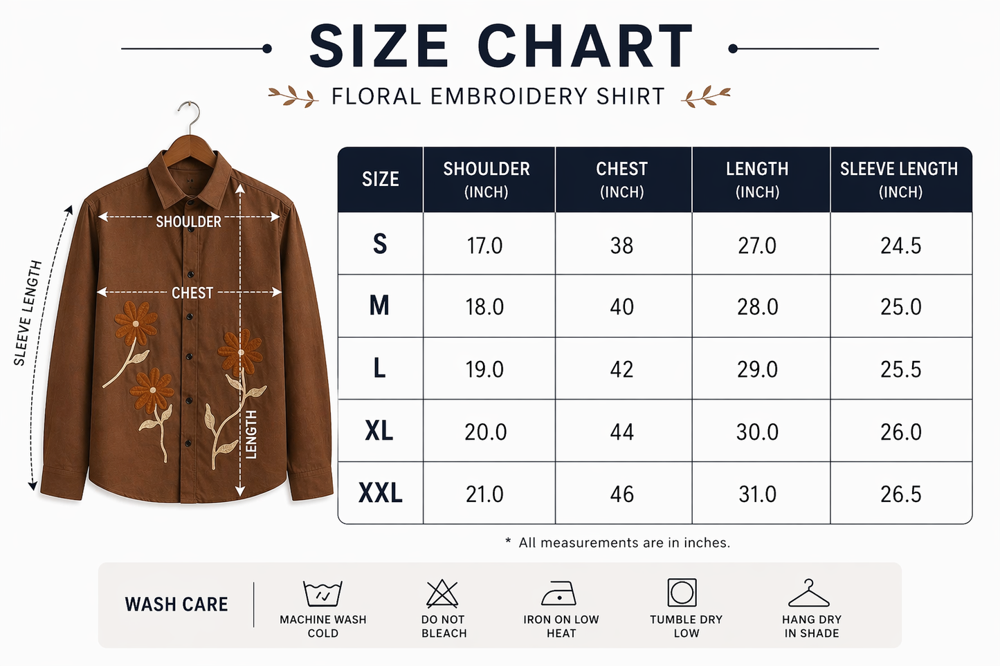 Men's Rust Brown Floral Embroidery Cotton Shirt | Casual Premium Full Sleeve Shirt