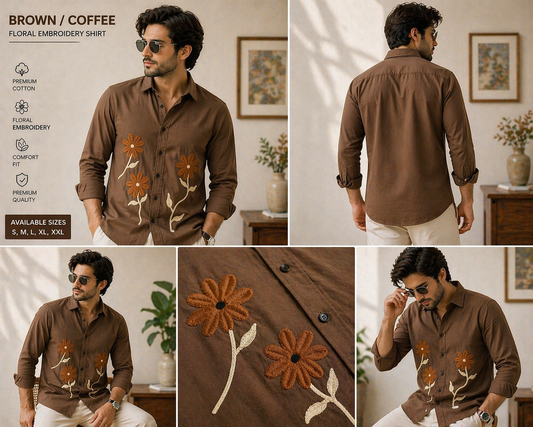 Men's Rust Brown Floral Embroidery Cotton Shirt | Casual Premium Full Sleeve Shirt