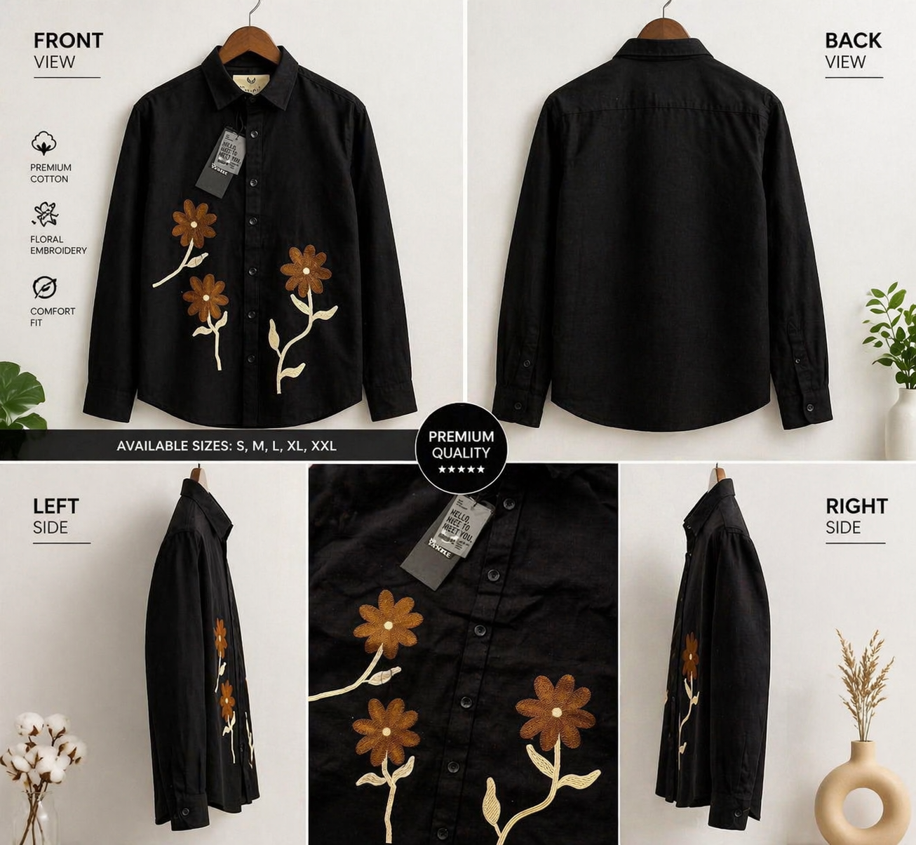 Men's Rust Brown Floral Embroidery Cotton Shirt | Casual Premium Full Sleeve Shirt