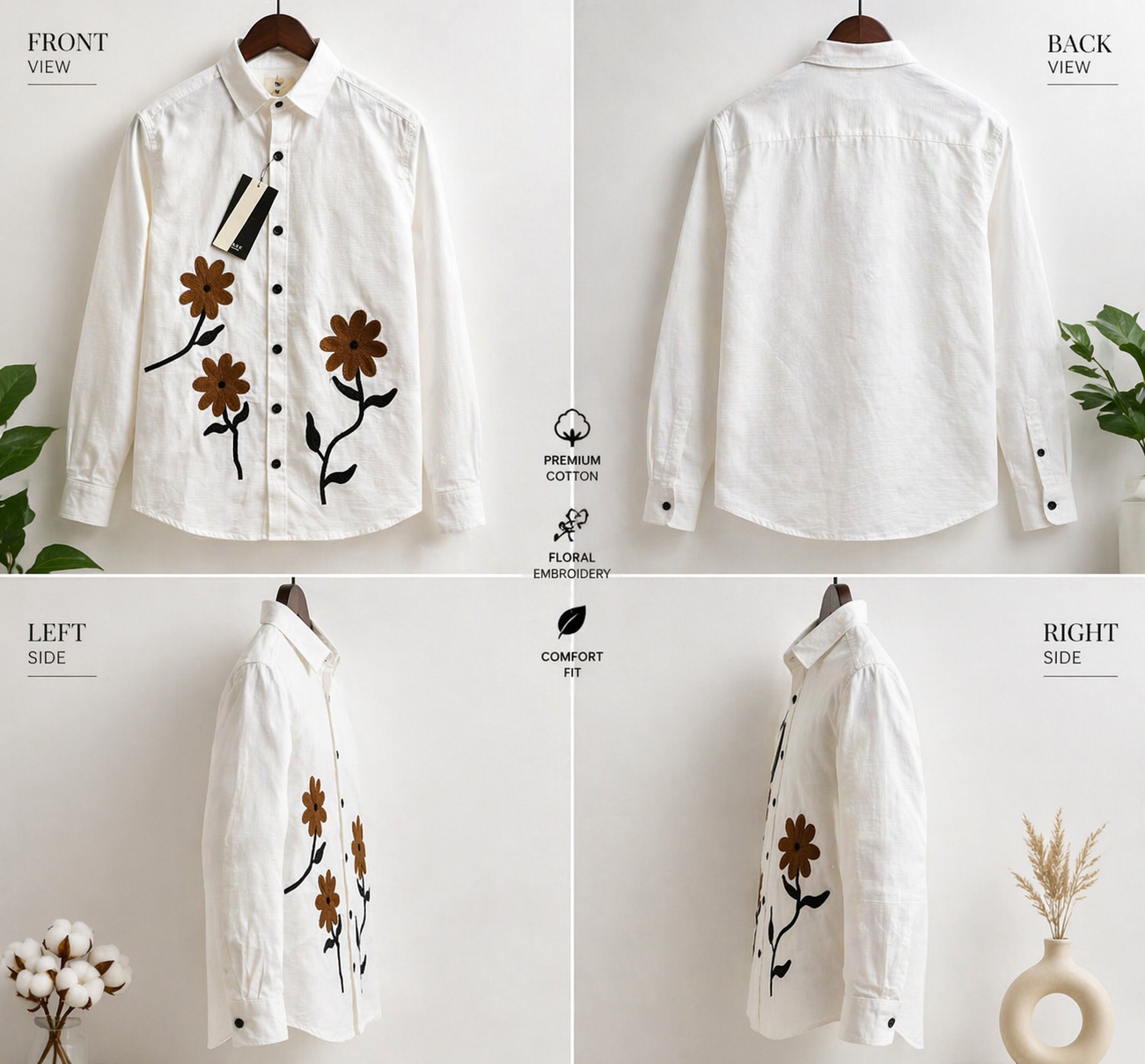 Men's Rust Brown Floral Embroidery Cotton Shirt | Casual Premium Full Sleeve Shirt