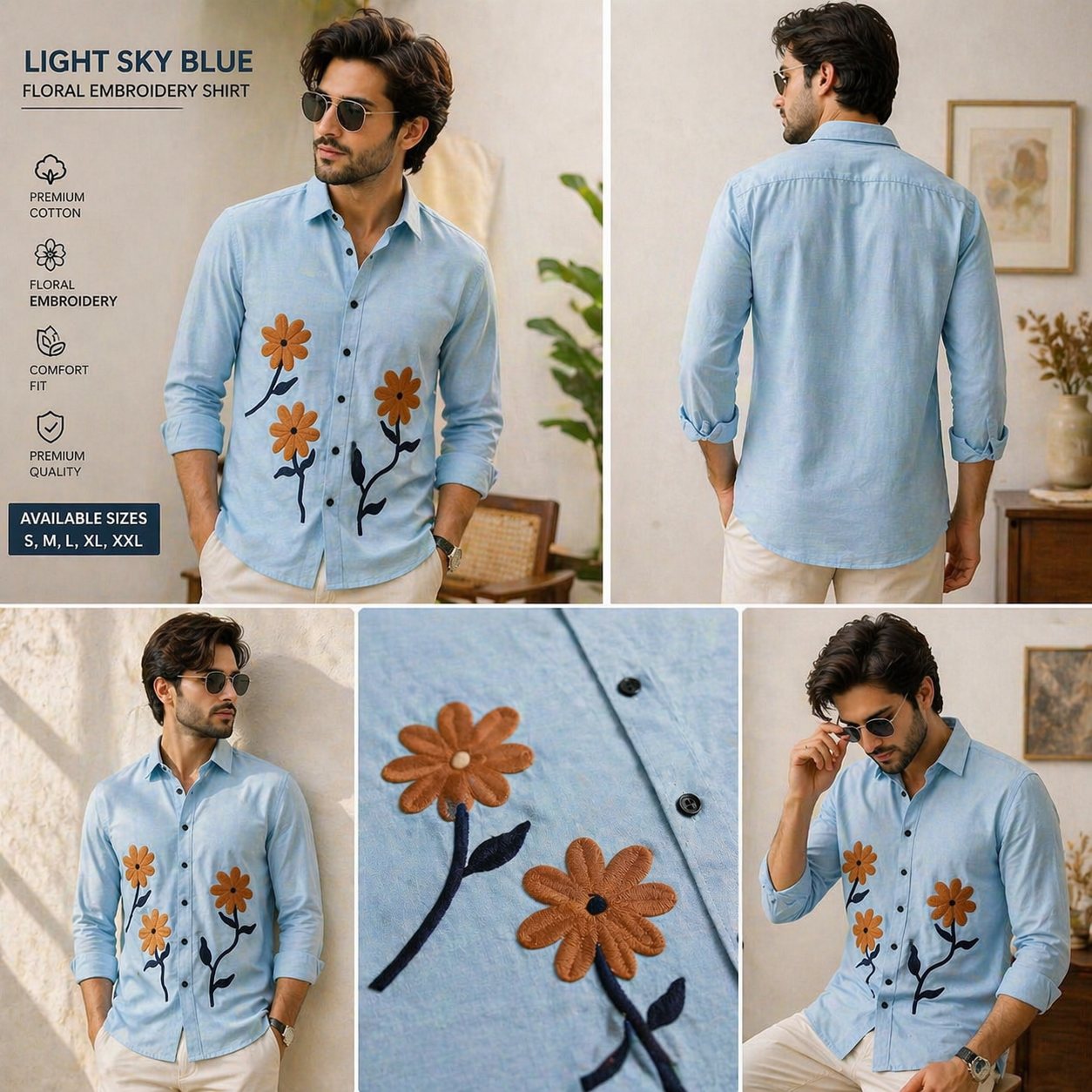 Men's Rust Brown Floral Embroidery Cotton Shirt | Casual Premium Full Sleeve Shirt