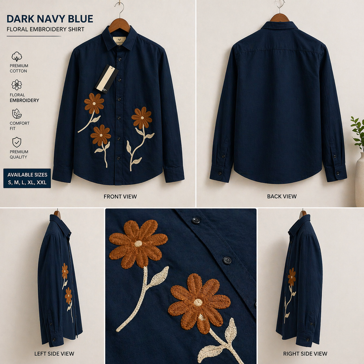 Men's Rust Brown Floral Embroidery Cotton Shirt | Casual Premium Full Sleeve Shirt