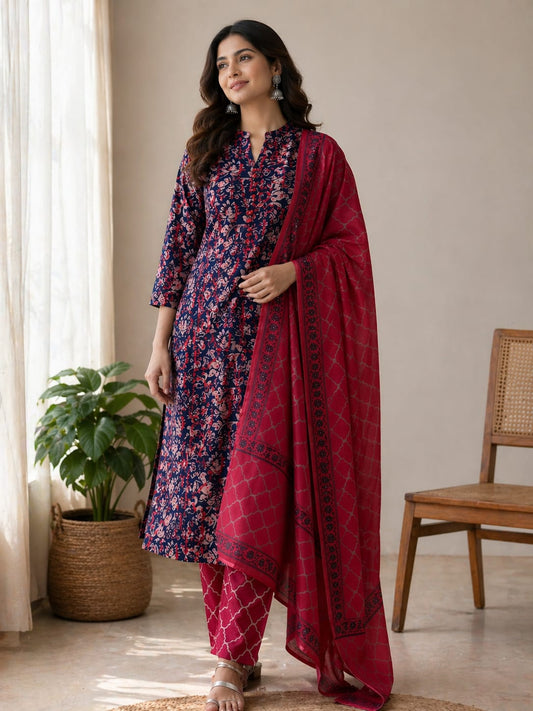 💖 Elegant Navy Blue Printed Kurta Set with Dupatta | Akshra Collection