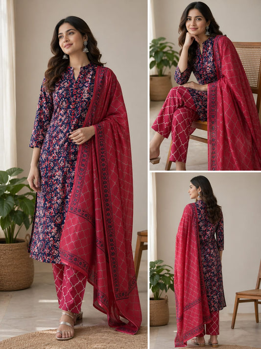 💖 Elegant Navy Blue Printed Kurta Set with Dupatta | Akshra Collection