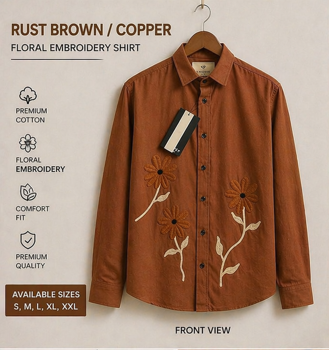Men's Rust Brown Floral Embroidery Cotton Shirt | Casual Premium Full Sleeve Shirt