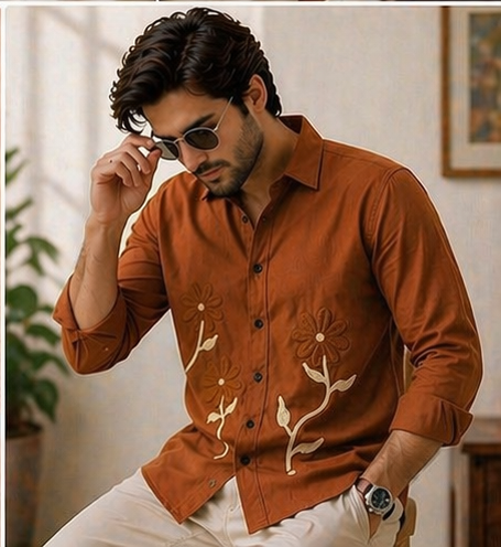 Men's Rust Brown Floral Embroidery Cotton Shirt | Casual Premium Full Sleeve Shirt